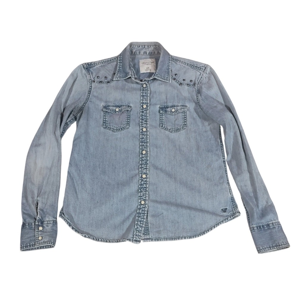 American Eagle Women's Denim‎ Pearl Snap Shirt Studded Yoke Western Size Medium